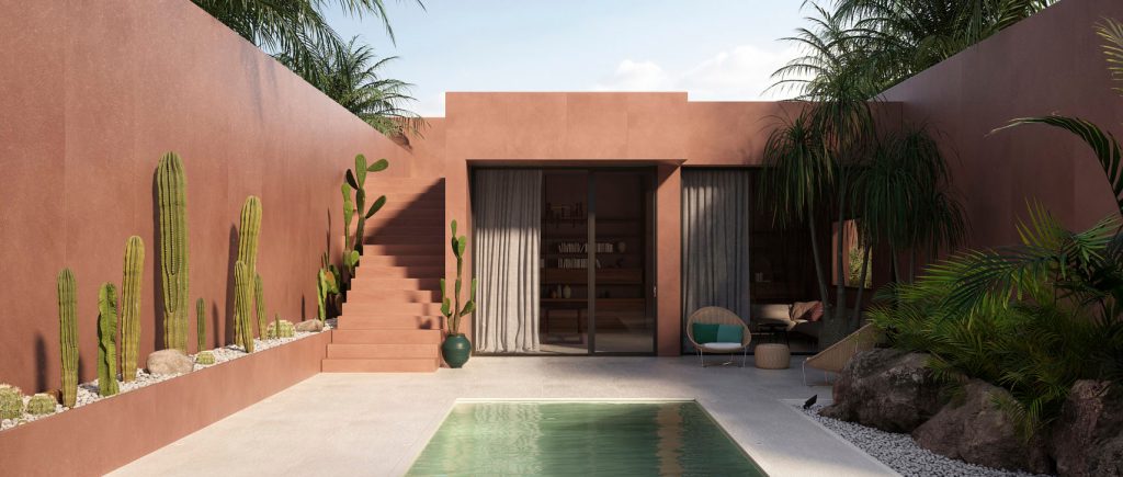Fachada contemporánea revestida con piedra sinterizada Laminam Calce Terracota