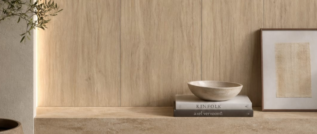Mobiliario interior revestido con piedra sinterizada Laminam Legno Venezia Sabbia