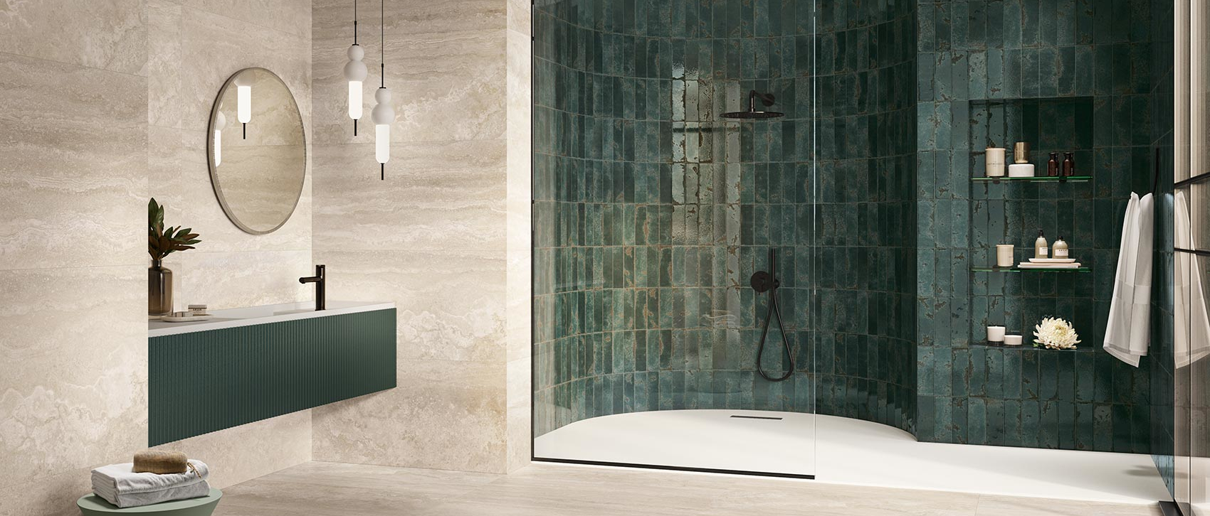 Baño con porcelanato tipo piedra ATHENA CREAM en muro y piso