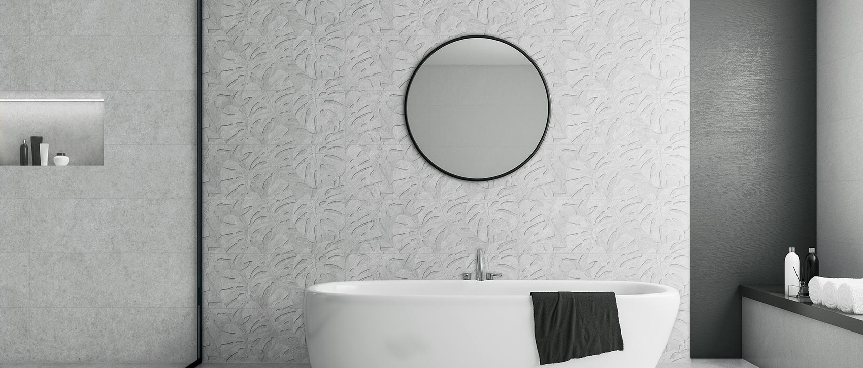 Baño revestido con porcelanato BATEIG GREY de gran formato
