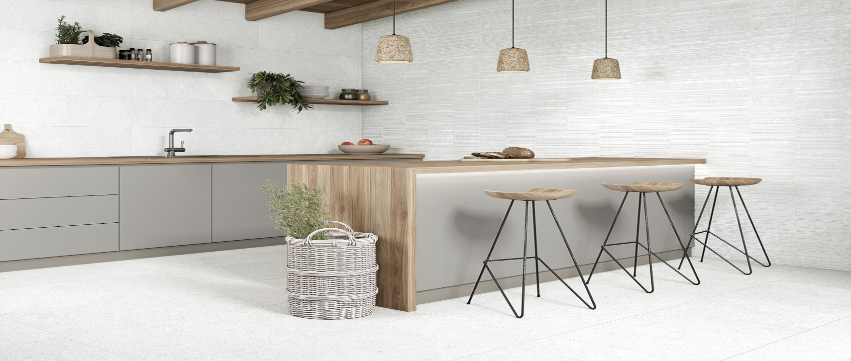 Cocina abierta con piso de porcelanato BATEIG PEARL