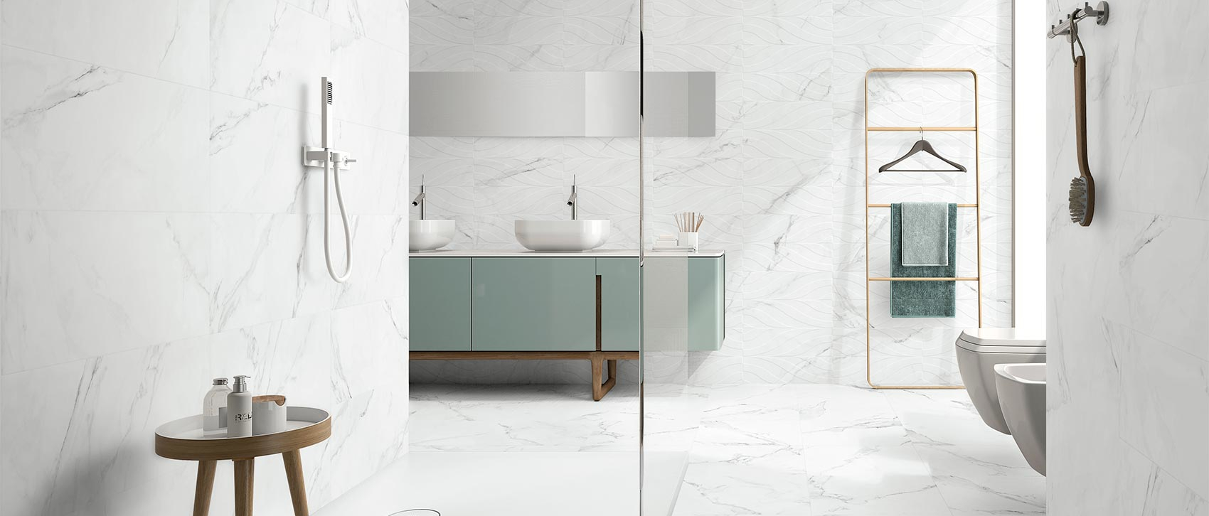 Baño con muros de porcelanato tipo mármol CALACATTA DELICATTO