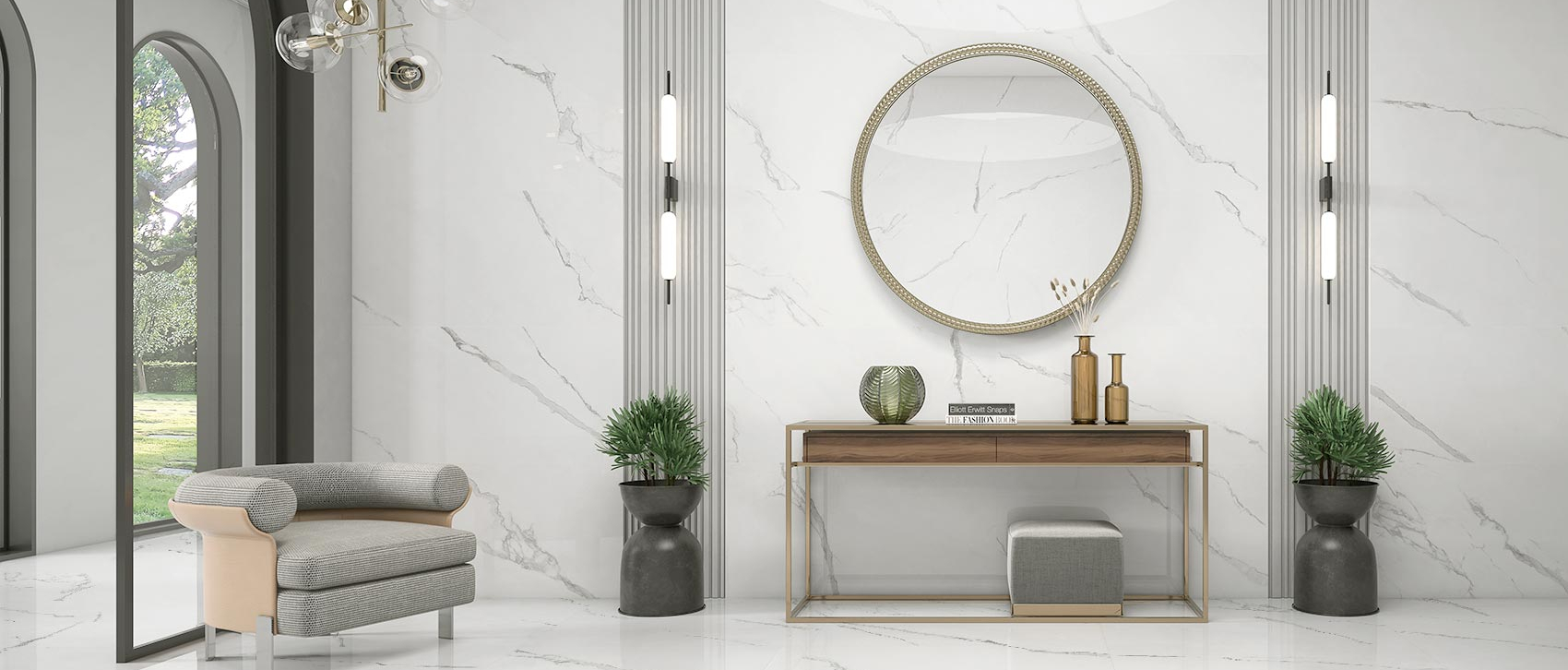 Sala con muro de porcelanato marmolizado CALACATTA IMPERIALE