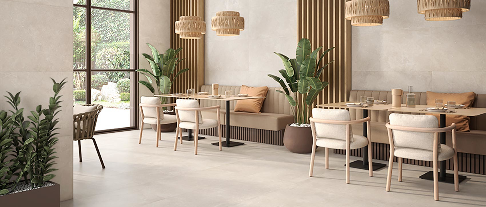 Comedor con porcelanato CASSIAN SAND de gran formato