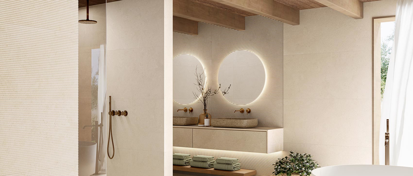 Baño con muro acanalado DORCIA STONE DECOR CREAM