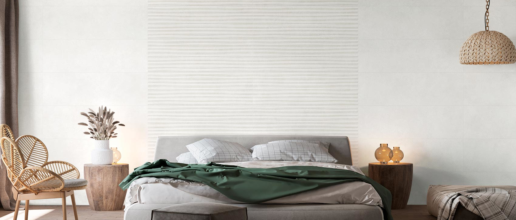 Dormitorio con fondo de porcelanato EVOLUTIA WHITE