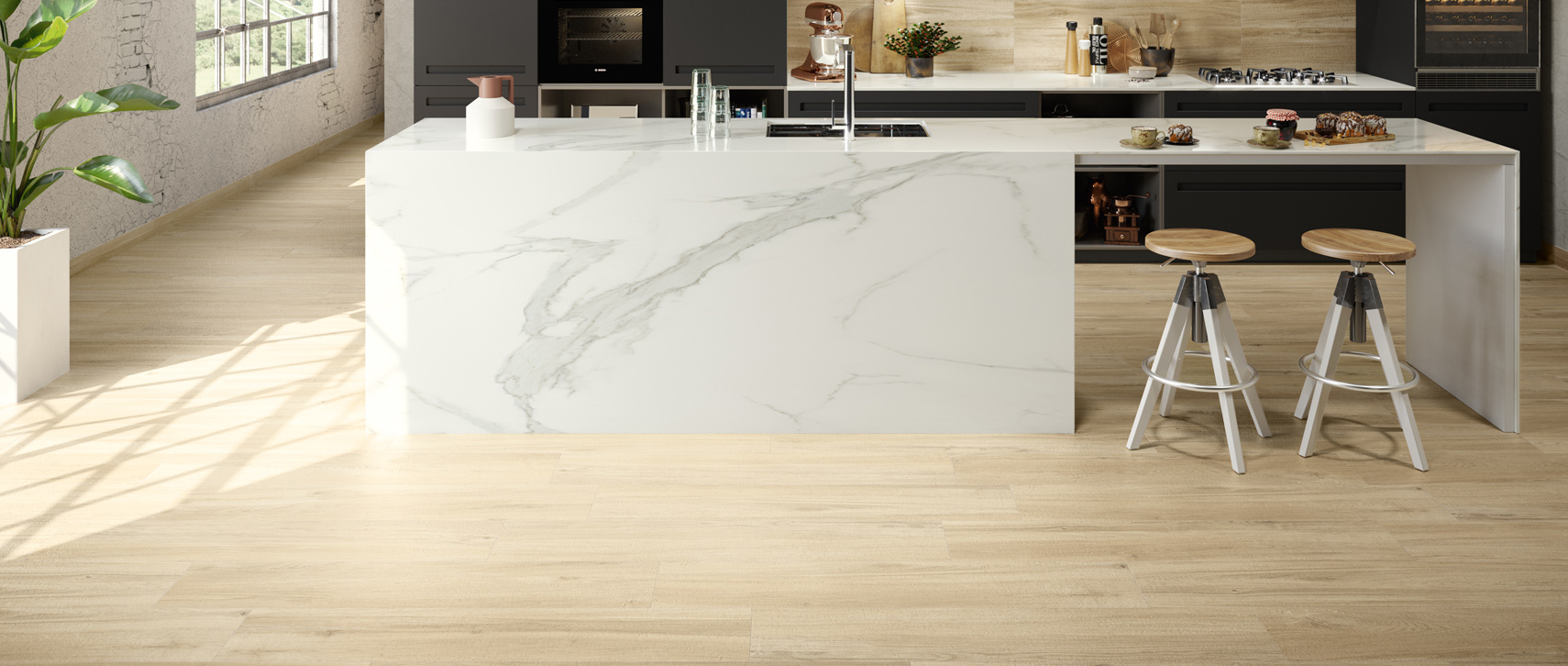 Cocina con isla y piso de porcelanato tipo madera LAKEVIEW NATURAL