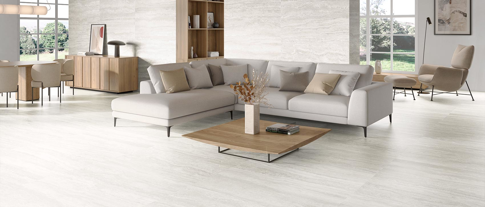 Sala de planta abierta con piso de porcelanato LUGANO MARFIL