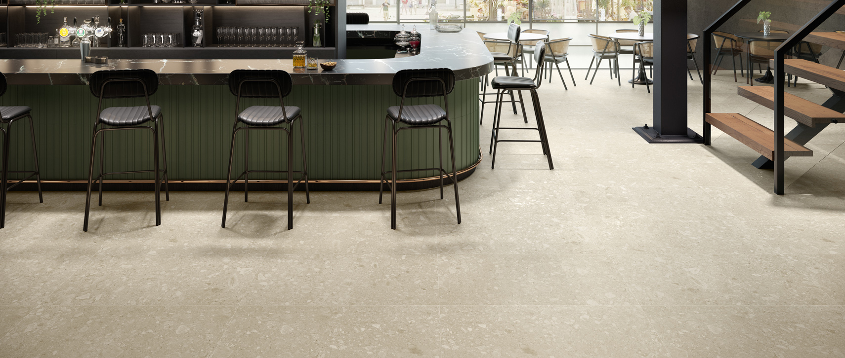 Barra y piso con porcelanato terrazo NATIVE CREAM