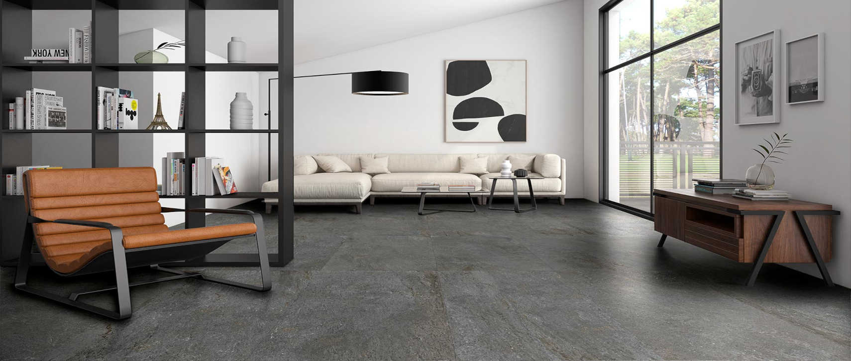 Sala con piso de porcelanato tipo pizarra NEW SLATE DARK