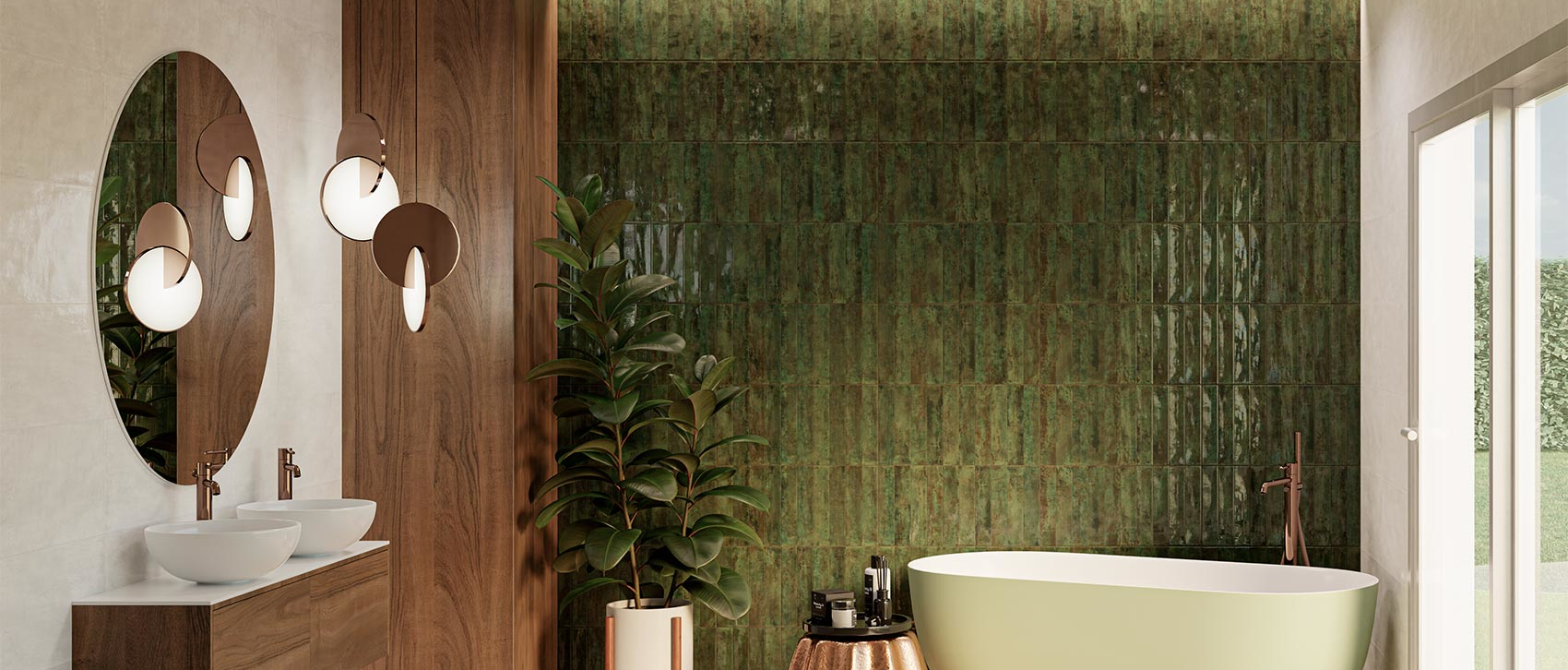 Baño con muro verde de porcelanato NUANCE DECOR GREEN