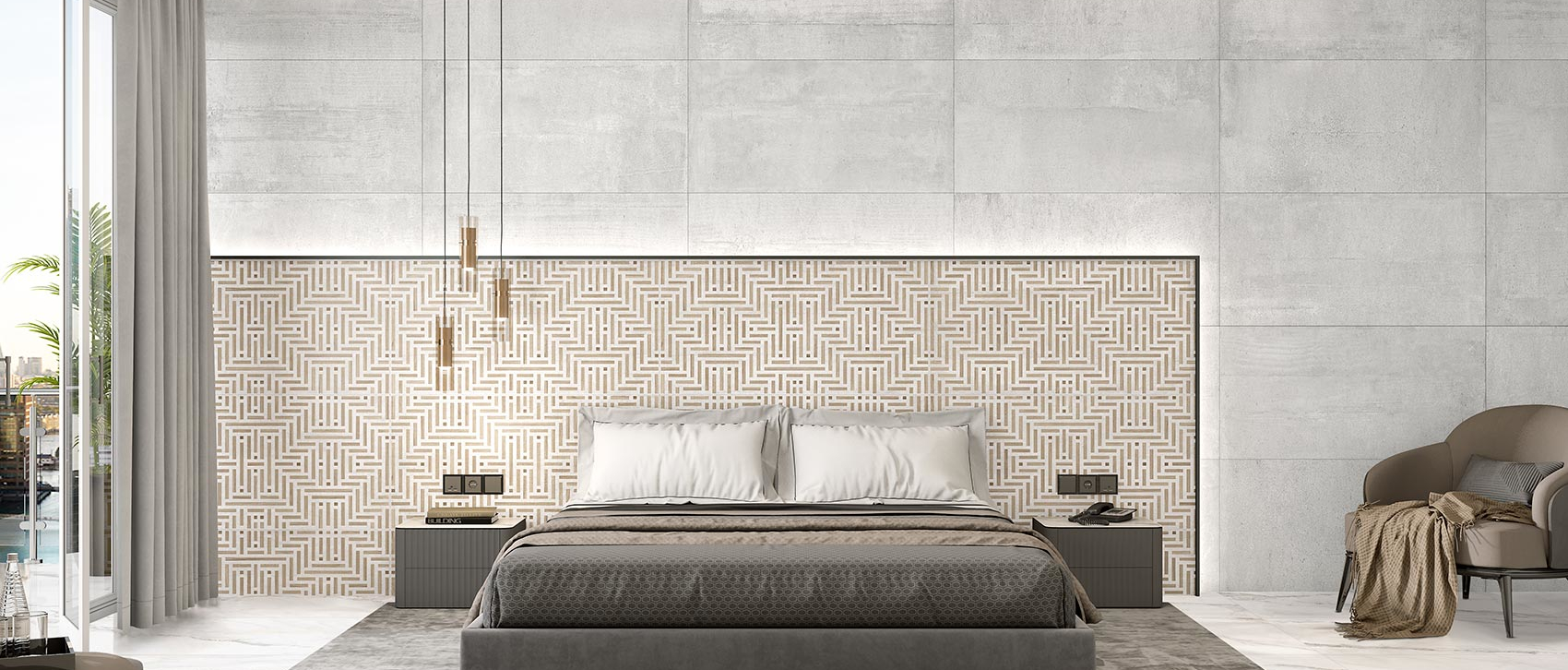 Dormitorio con muros y piso de porcelanato cementicio RAGNAR PEARL