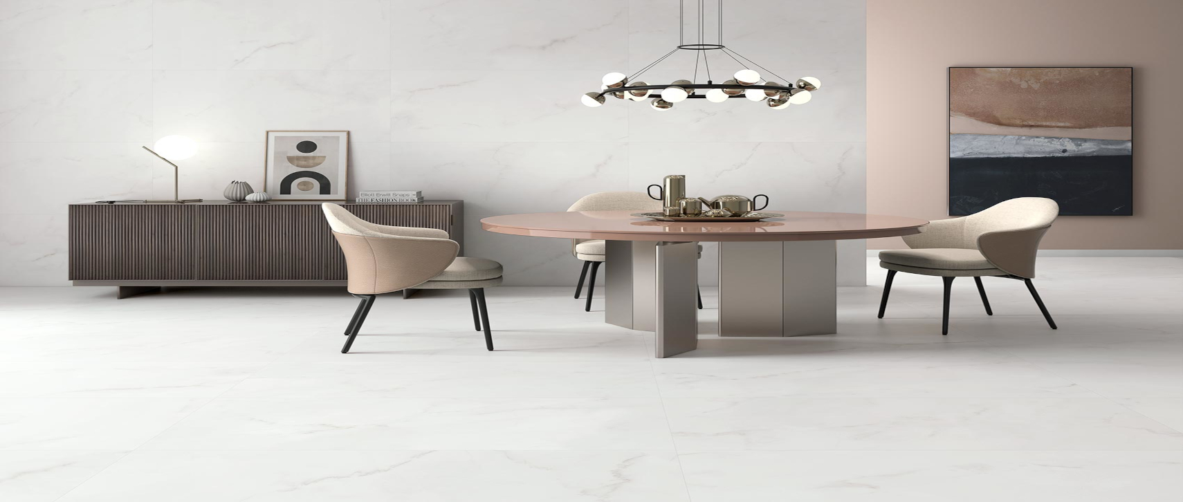 Comedor con piso de porcelanato marmolizado ROSELLA WHITE