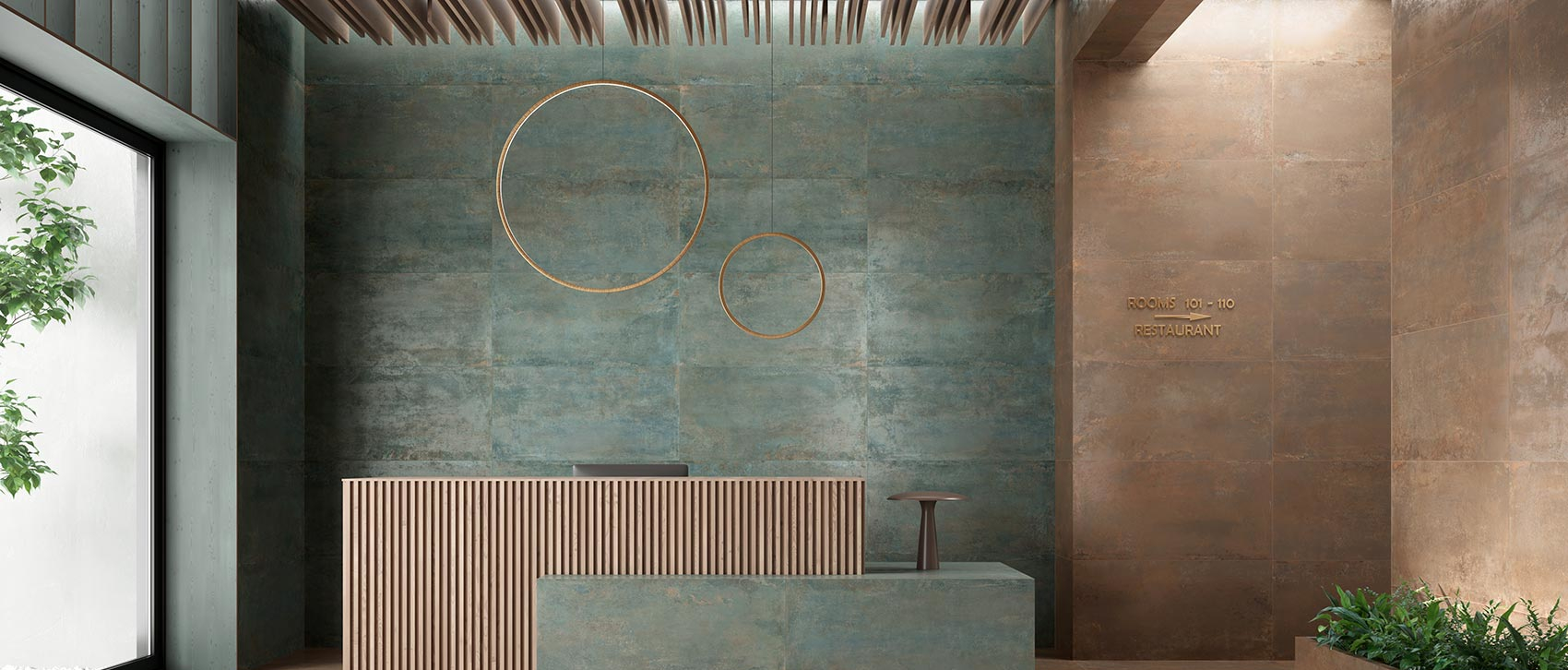Recepción con porcelanato metalizado SONAR EMERALD