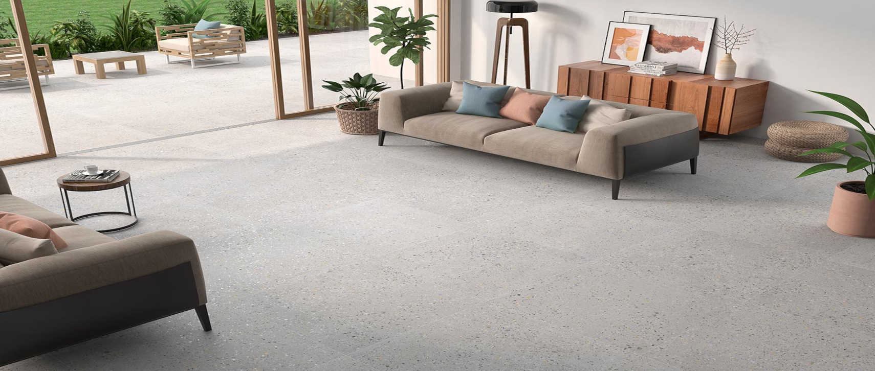 Sala con piso de porcelanato terrazo TAKARA PEARL