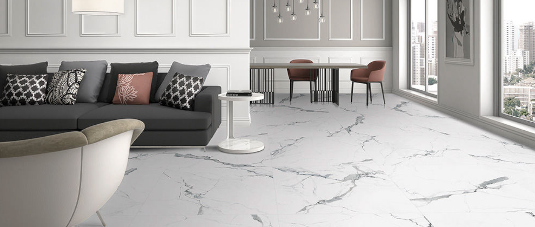 Sala con porcelanato español FARAK WHITE de Pro Concept