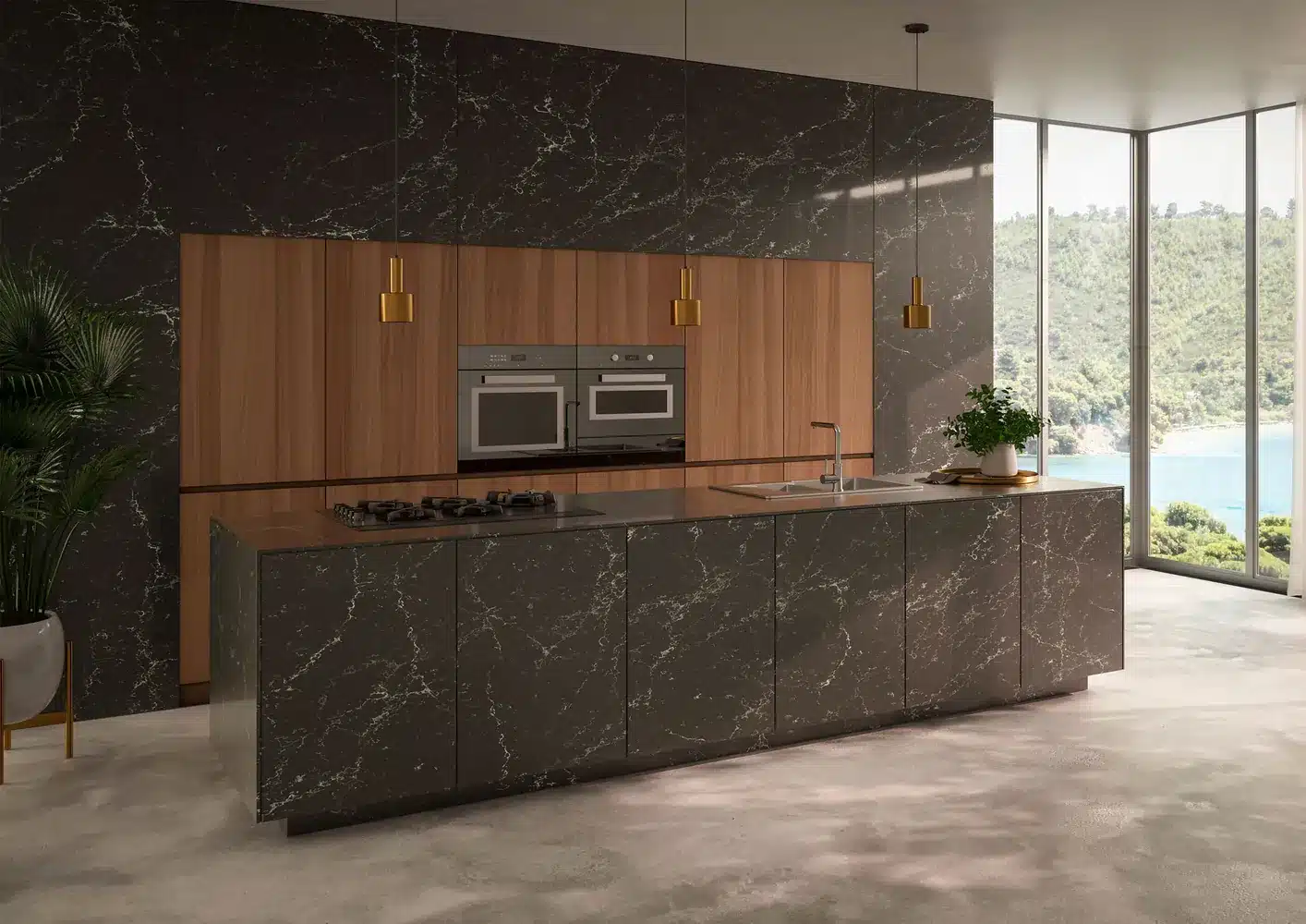 Cocina italiana con encimera e isla de cuarzo Santa Margherita Etesia